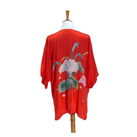 Silk Floral Kimono Red One Size Vintage - Picture 9 of 11